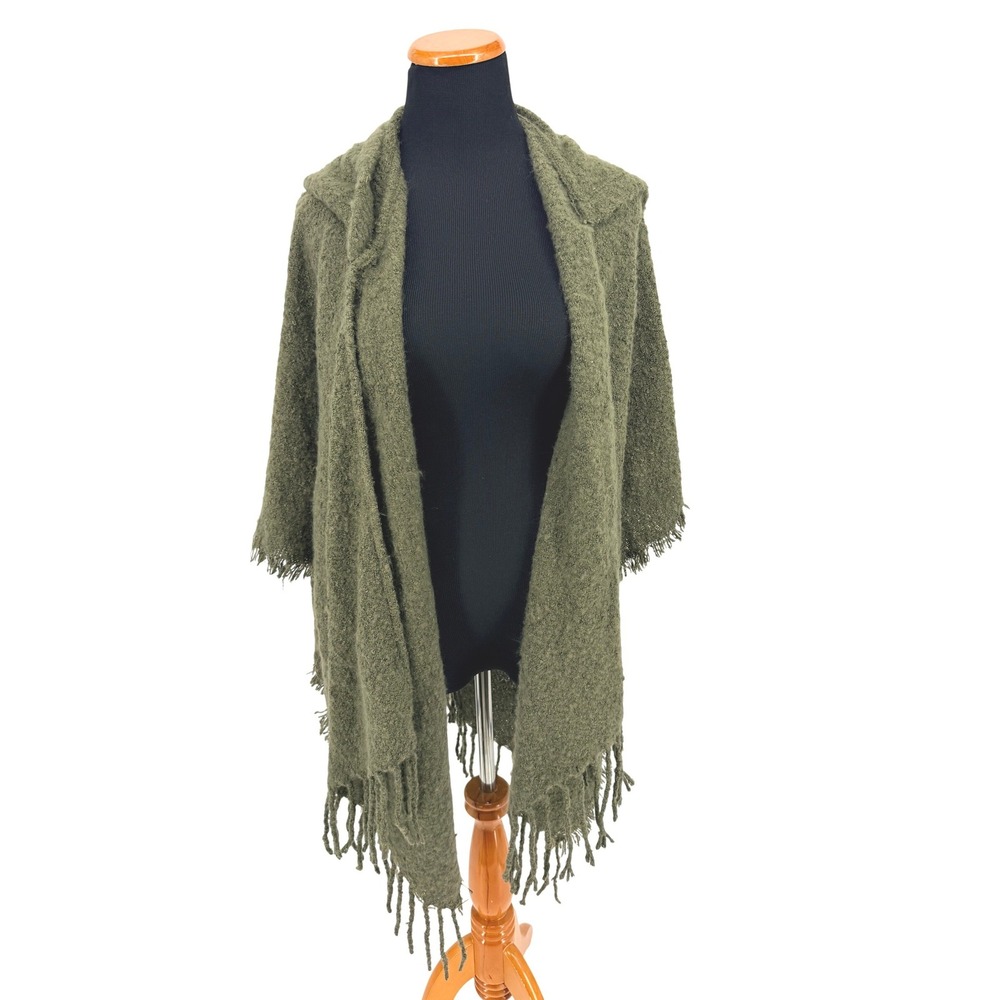Melrose and Market Olive Green Hooded Fringe Poncho Wrap One Size NEW